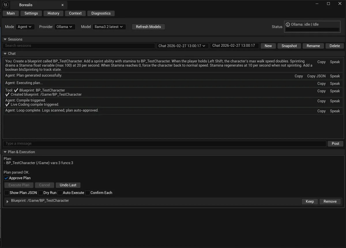 Borealis agent chat with an approved plan and executed steps