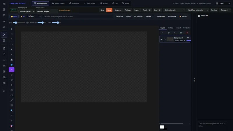 Cinder Creative Studio: the photo editor with its tools, layers and AI panel