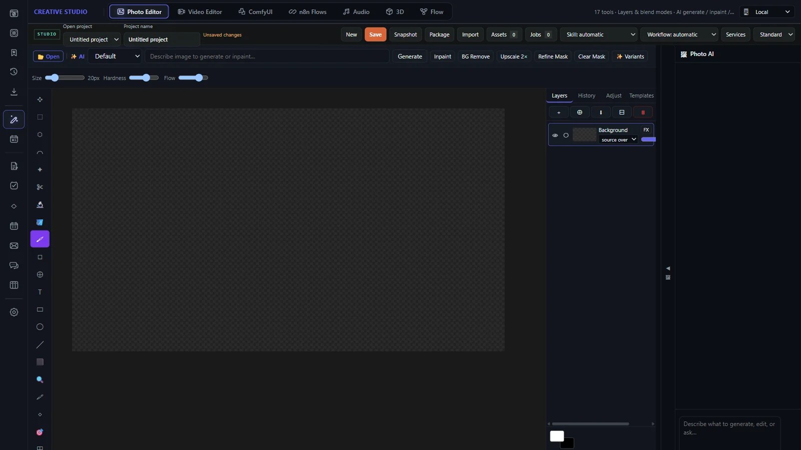 Cinder Creative Studio: the photo editor with its tools, layers and AI panel