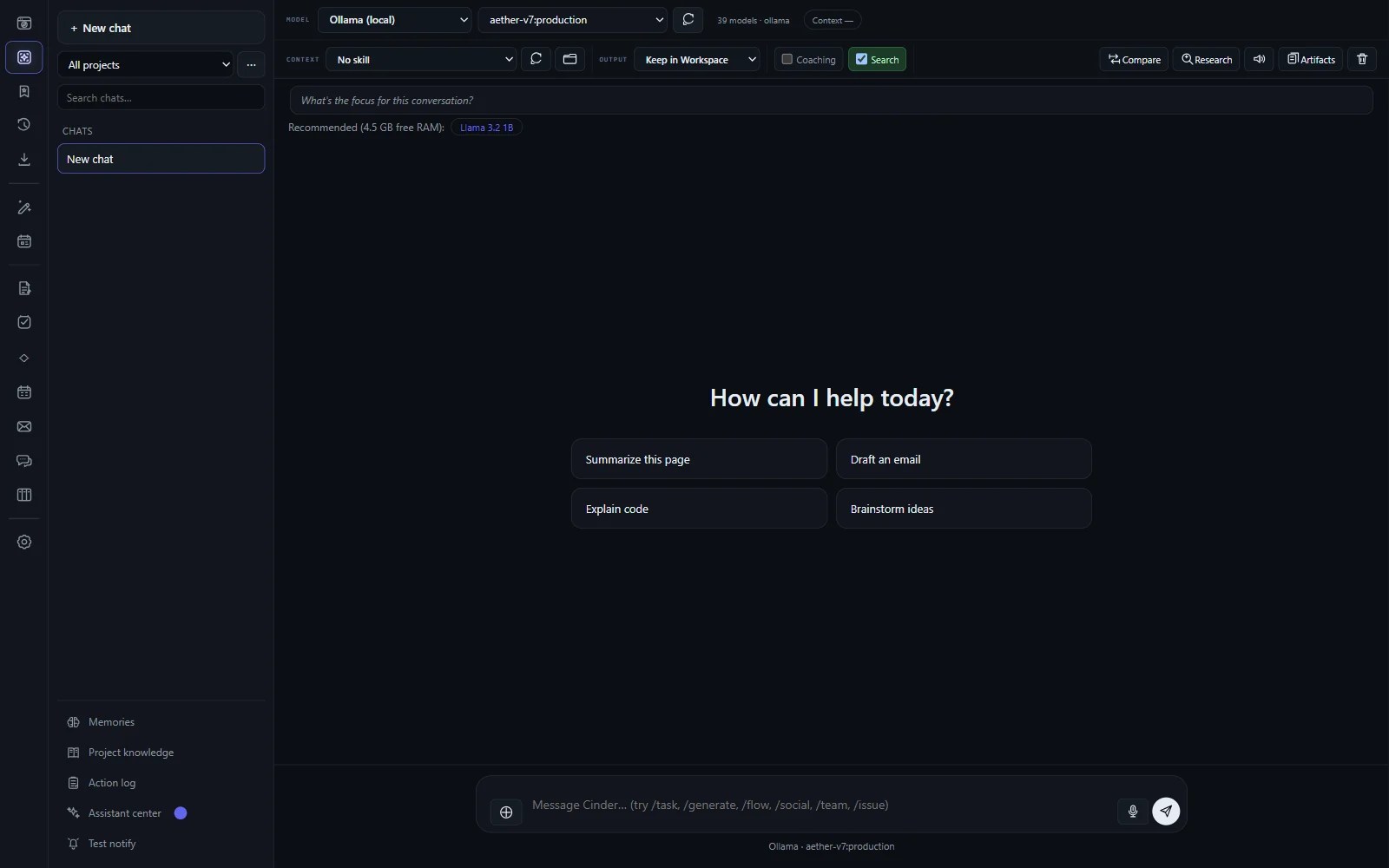 Cinder AI Workspace: a chat with a local model, projects and memories in the sidebar