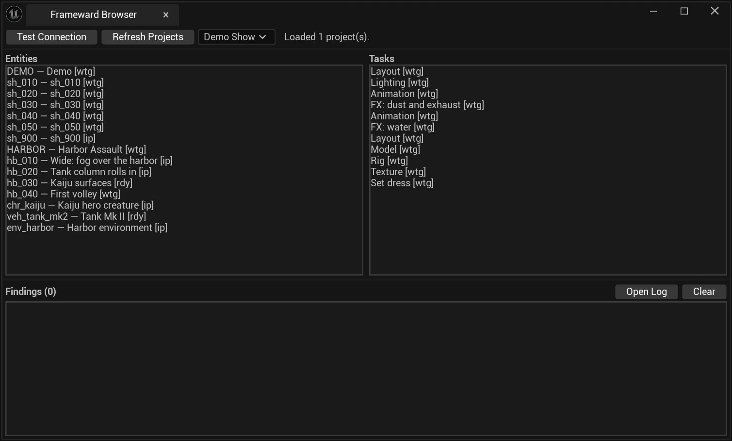 Frameward Browser panel inside Unreal Editor, listing a demo project's sequences, shots, assets and tasks from the Frameward API