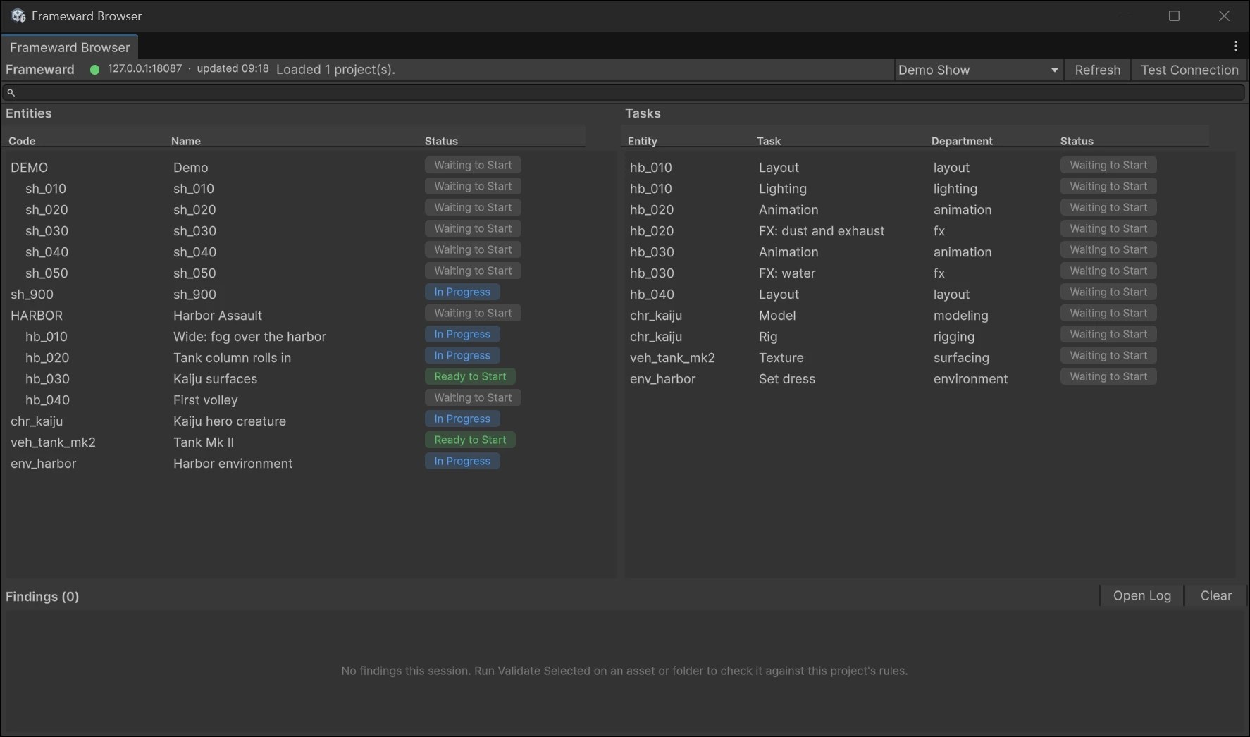 The same Frameward Browser inside the Unity editor, reading the same demo project