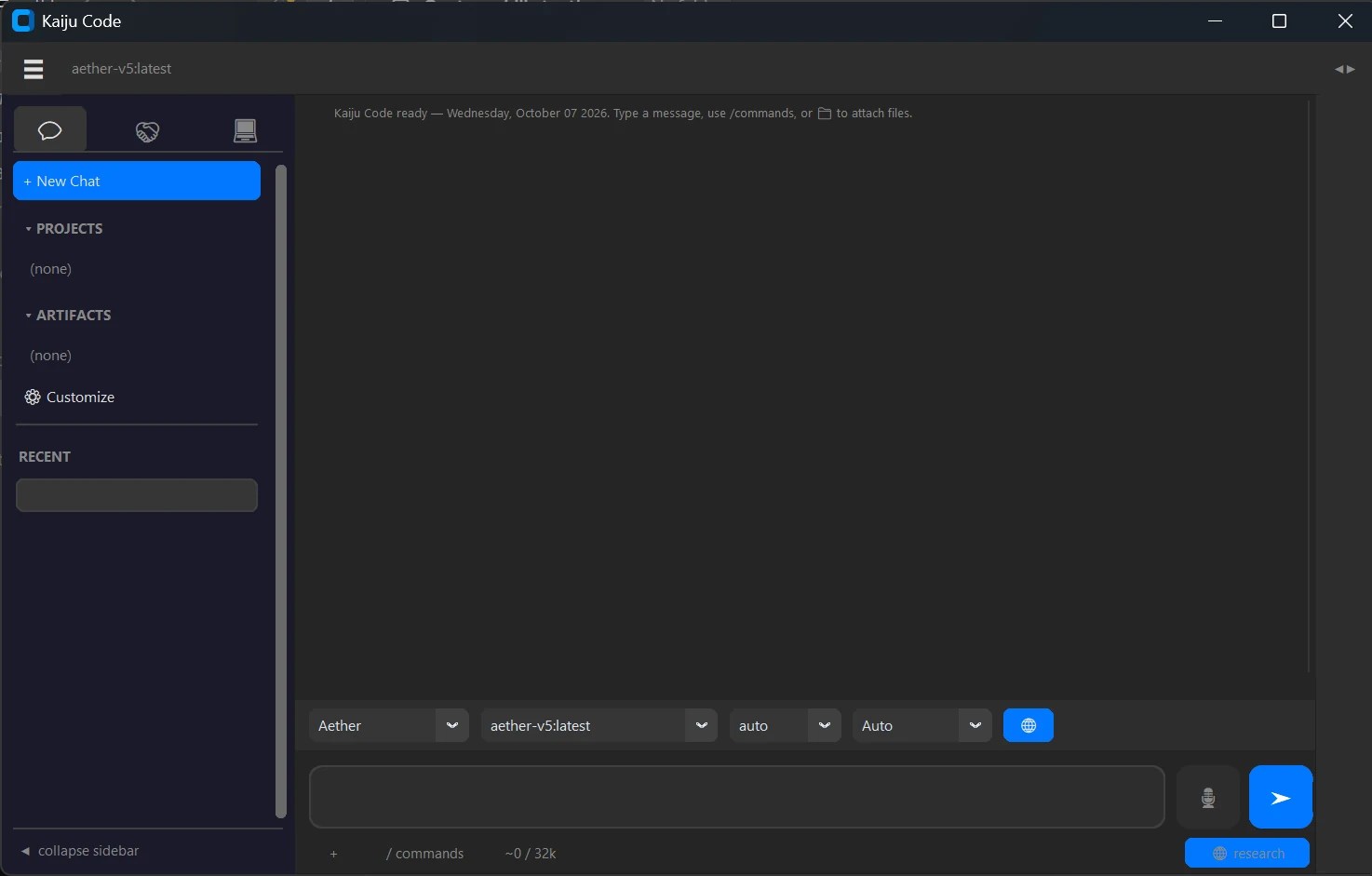 KaijuCode desktop app: a chat with a local model, with projects, artifacts and recent chats in the sidebar